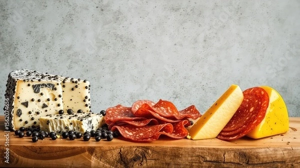 Obraz Artisan cheese and cured meat arrangement on a wooden board with a rustic background, displaying a flavorful and appetizing selection