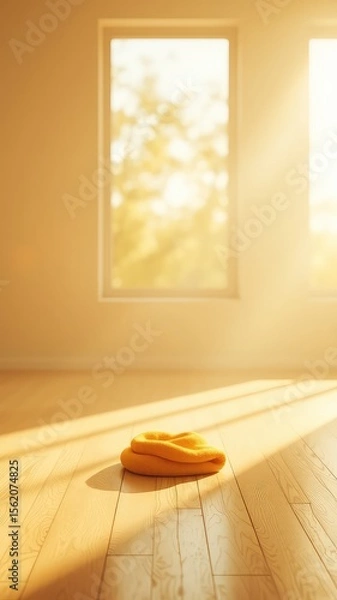 Obraz Sunlit room with an orange soft fabric item on a polished wooden floor creates a scene of warmth and relaxation