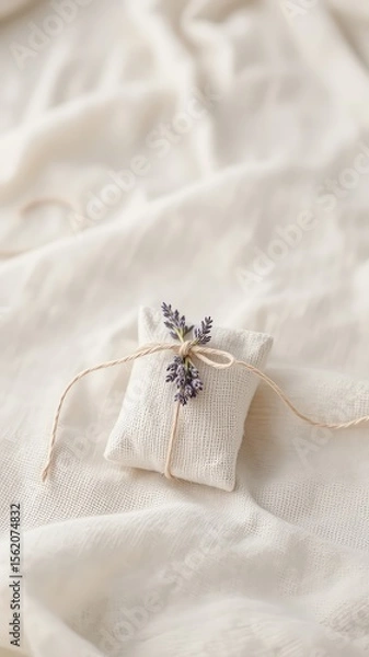 Obraz Small linen sachet adorned with dried flowers and tied with twine, resting gently on a softly textured fabric background