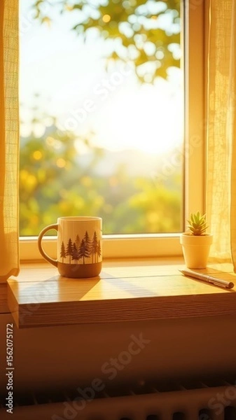 Obraz Mug with trees design sitting by bright sunny window, alongside potted plant and pen, creating a peaceful atmosphere