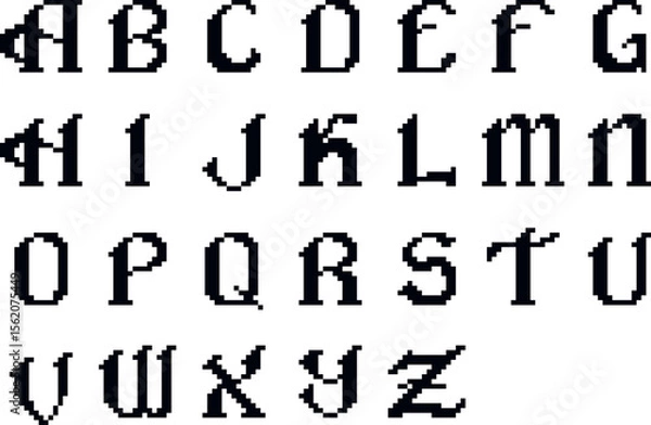 Fototapeta Full English alphabet in pixel art style with gothic and medieval design elements. Decorative uppercase letters. Vector illustration.