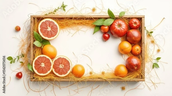 Obraz Fresh assortment of colorful red, pink, and orange fruit creatively arranged in a wooden crate on a light background