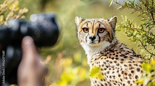 Fototapeta A cheetah sitting in a tree with a camera in the foreground.