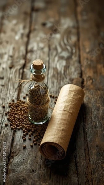 Obraz Small glass jar filled with seeds on a rustic wooden surface, near a rolled piece of parchment paper