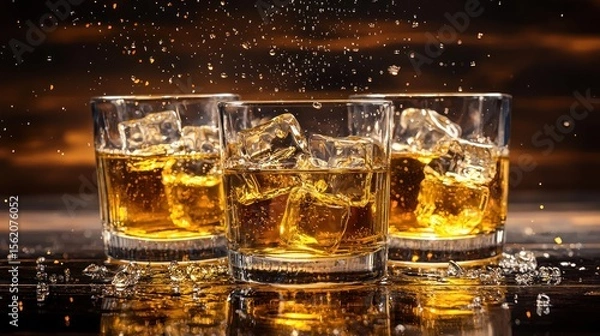 Fototapeta Three glasses of whiskey with ice cubes on a wooden table with a dark background.