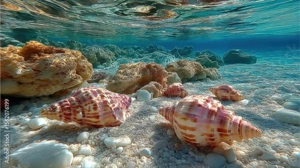 Fototapeta Underwater scene showcasing colorful seashells on a sandy ocean floor with rocks