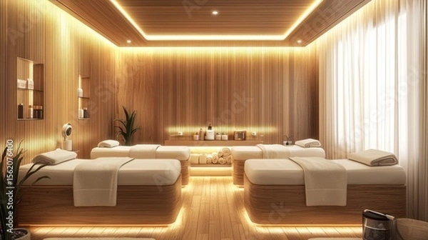 Fototapeta A serene spa room with wooden walls and soft lighting, featuring four massage tables arranged in a semi-circle.