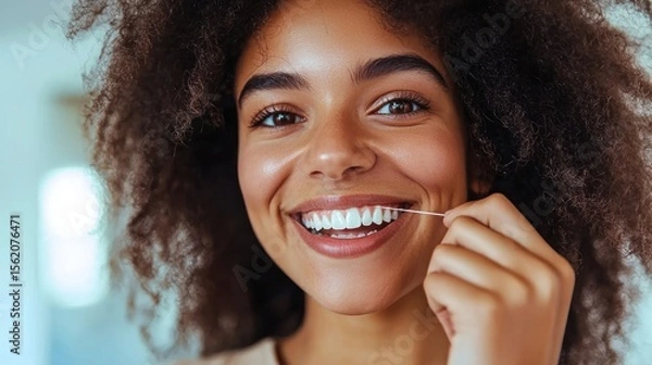 Fototapeta A young woman with curly hair smiling while using dental floss in a bathroom setting.