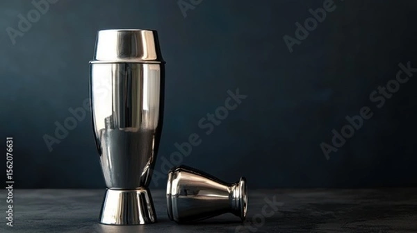Fototapeta A metallic shaker and a metal jigger on a dark background