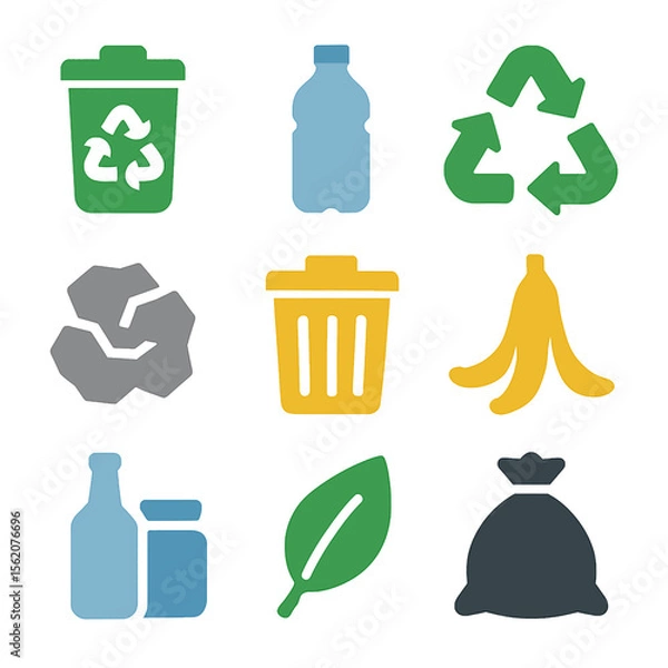Fototapeta Recycling and waste management icons set illustrating different types of trash sorting