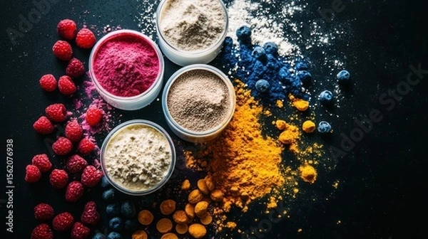 Fototapeta A colorful arrangement of various powders and powdery substances on a dark surface, with a mix of bright and muted colors, including red, blue, yellow, and pink, with a few berries scattered around.