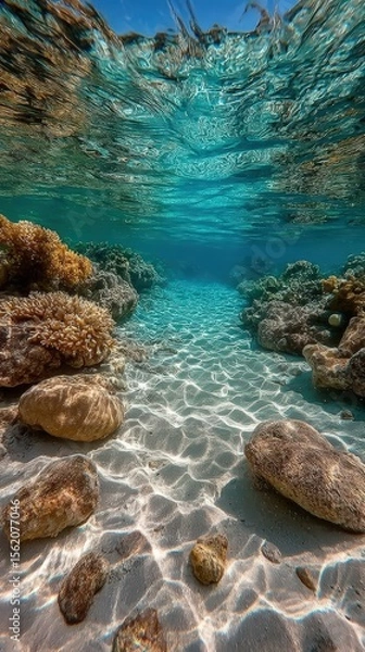 Fototapeta Underwater scene showcasing vibrant coral reefs and clear turquoise water, with sunlight filtering through