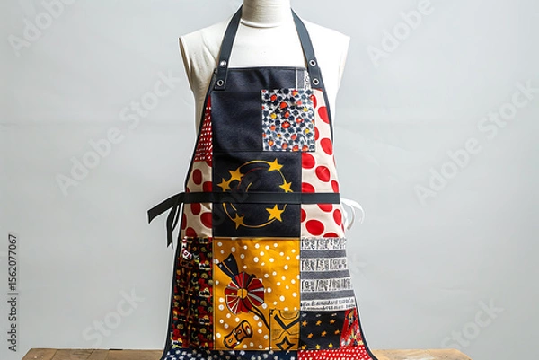 Fototapeta A colorful patchwork apron displayed on a mannequin against a soft white background