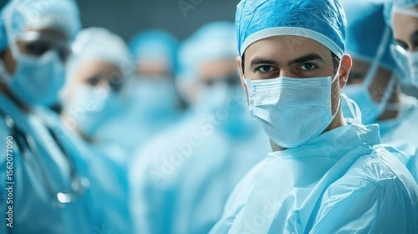 Fototapeta A group of healthcare professionals in a hospital setting, wearing blue surgical caps and masks, standing in a row.