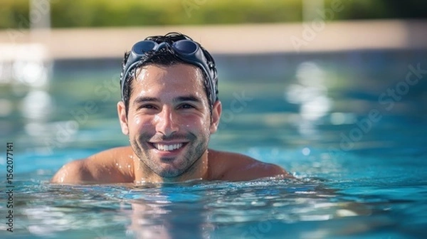 Fototapeta A man swimming in a pool with goggles on, wearing a swimsuit, with a green and blue pool in the background.
