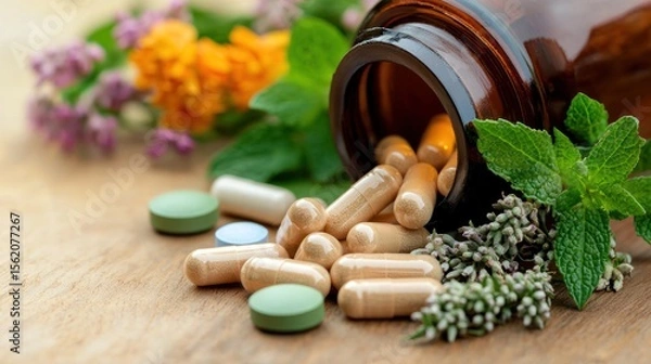 Fototapeta A bottle of herbal supplements spilling out onto a wooden surface, with a variety of herbs and flowers in the background.
