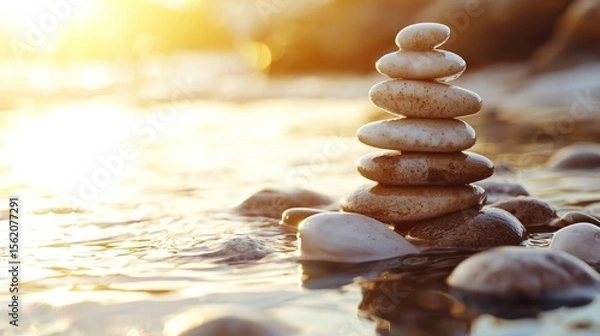 Fototapeta A stack of rocks balanced on a riverbank at sunset.