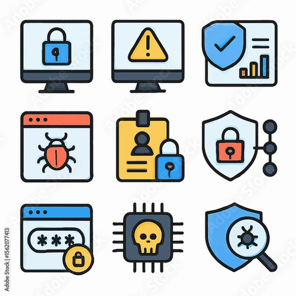 Fototapeta Security and threat vector icons illustrating digital safety and vulnerability issues