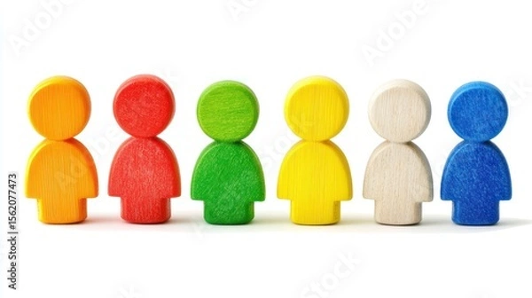 Fototapeta A group of six colorful wooden figures arranged in a row on a white background.