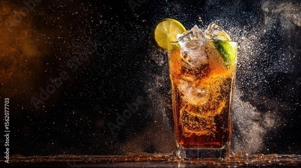 Fototapeta A glass of cola with ice cubes and a slice of lime on a dark background with splashes of soda and smoke.