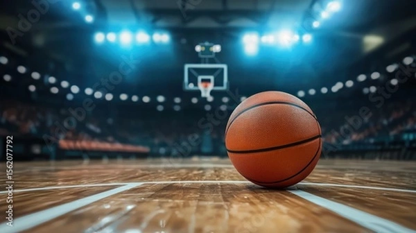 Fototapeta A basketball on a court with a blurred background of a basketball hoop and audience.