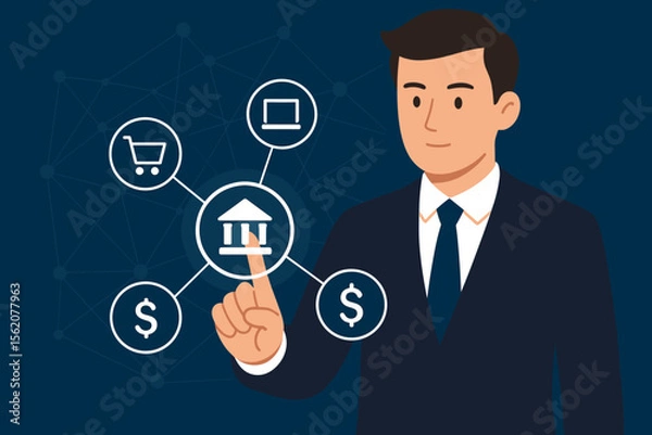 Fototapeta Businessman managing finance with online banking on a virtual interface. Fintech concept with icons for digital payments, e-commerce, investment and global financial network.