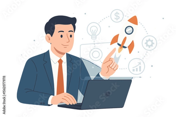 Fototapeta Businessman working on laptop launching business startup project. Rocket flying from virtual interface. Concept of innovation, development, success, marketing, strategy and growth.