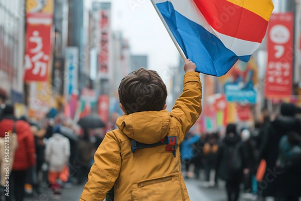 Fototapeta A young child waves a flag during a protest in a city street demonstrating support