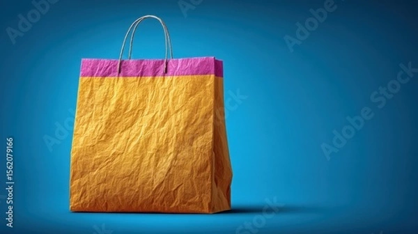 Fototapeta Vibrant, crumpled shopping bag against a solid blue backdrop, ideal for retail and marketing use