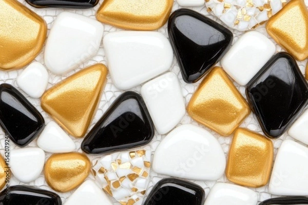 Fototapeta Geometric Harmony of Colored Stones: A close-up, eye-level shot presents an artful arrangement of polished, vibrantly colored stones, revealing their glossy surfaces and captivating patterns.