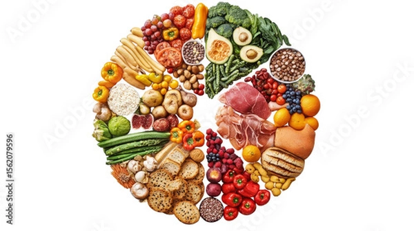 Fototapeta Circular diagram of five food groups with colorful images Transparent background, PNG