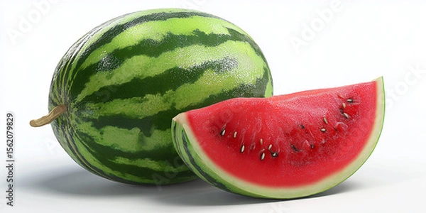 Fototapeta Watermelon and small piece of watermelon slice isolated on white background.