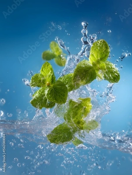 Obraz Fresh mint leaves splashing into water against a blue background