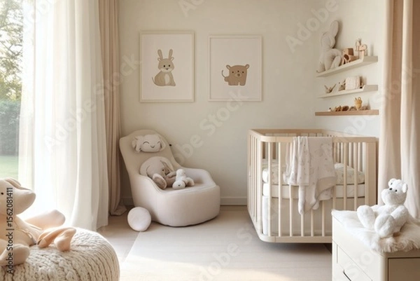 Fototapeta A serene nursery with soft lighting features a wooden crib, cozy chair, and animal-themed decor, creating a calm & inviting baby space.