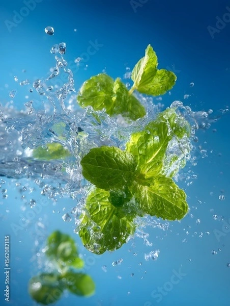 Fototapeta Fresh mint leaves splashing into water against a vibrant blue background
