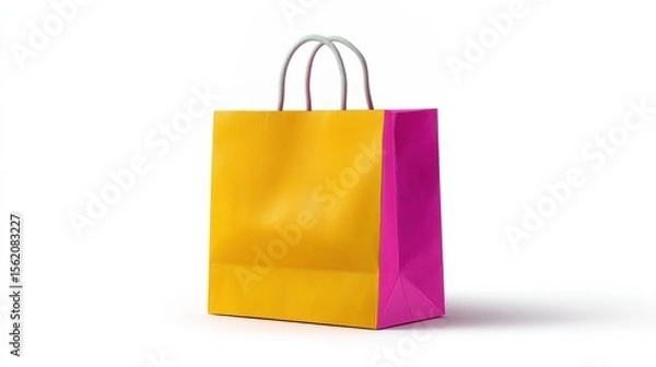 Fototapeta Vibrant shopping bag in yellow and pink colors, placed on a clean white background, ideal for retail use