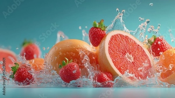 Fototapeta Vibrant splash of fresh strawberries and grapefruit on a turquoise background, showcasing freshness