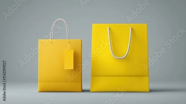 Fototapeta Vibrant yellow shopping bags with tags displayed against a minimalist gray backdrop, ideal for retail