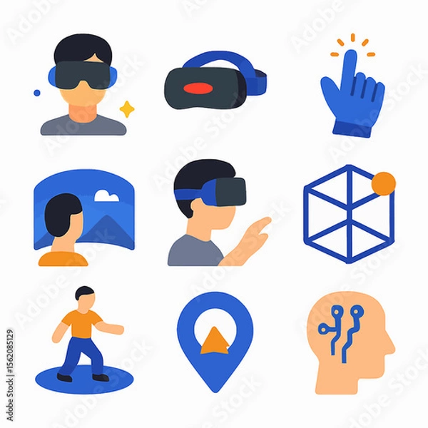 Fototapeta Virtual reality experience illustrated with icons showing headset user interaction