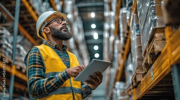 Fototapeta Warehouse worker conducting inventory checks while standing amidst shelves filled with products