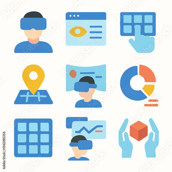 Fototapeta Virtual reality experience with data analytics and information visualization icons