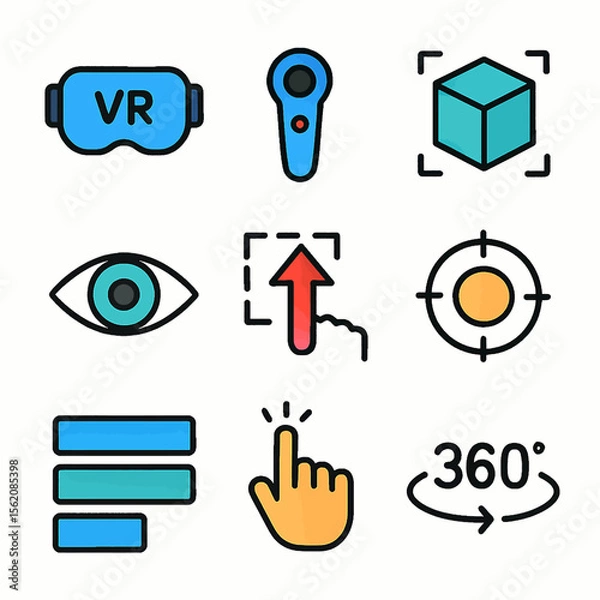 Fototapeta Virtual reality experience with headset, controller, and 3D cube vector icons