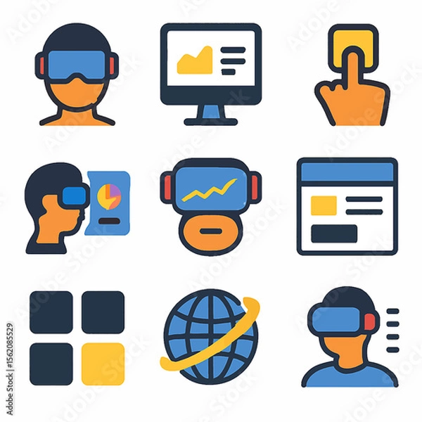 Fototapeta Virtual reality interface icons representing data analysis and global connection