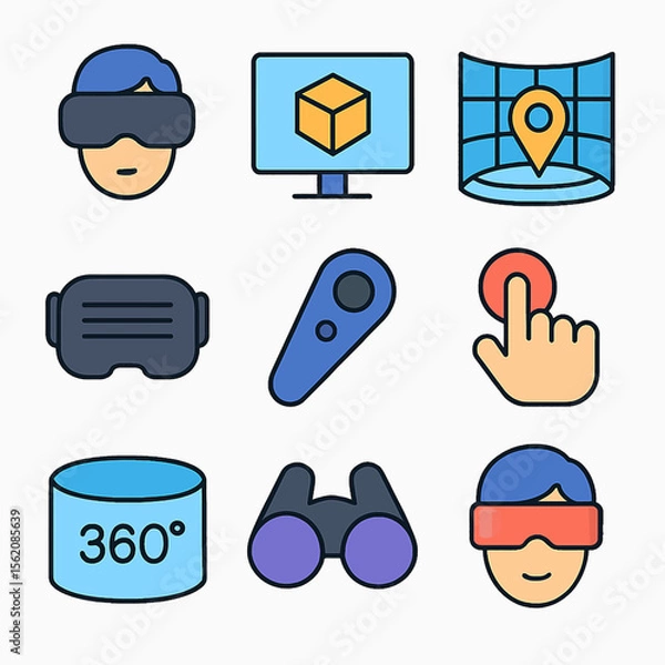 Fototapeta Virtual reality technology icons set featuring headset, controller, and 360 view concept