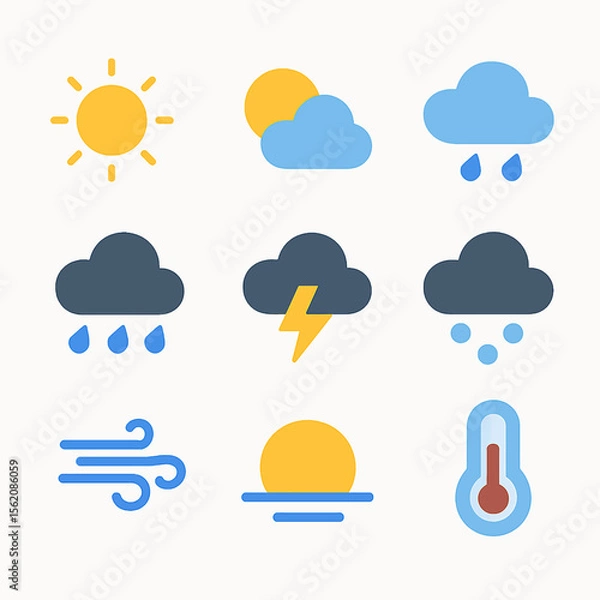 Fototapeta Weather forecast icons set featuring sun, clouds, rain, wind, lightning, and temperature