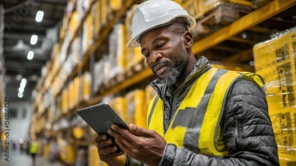 Fototapeta Warehouse worker using a tablet to manage inventory in a busy storage facility (1)