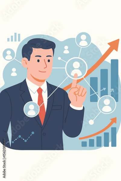 Fototapeta Businessman analyzing customer network for business growth. Manager pointing at CRM data on a digital interface. Financial progress, investment strategy, and economic success concept.