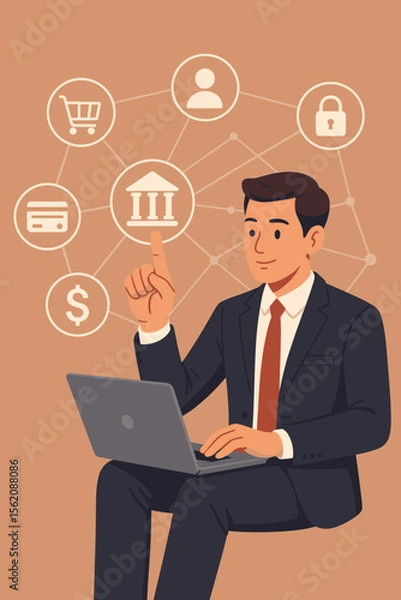 Fototapeta Businessman using laptop for online banking and financial services. Fintech technology vector concept with a network of icons for secure payment, e-commerce, and digital transactions.