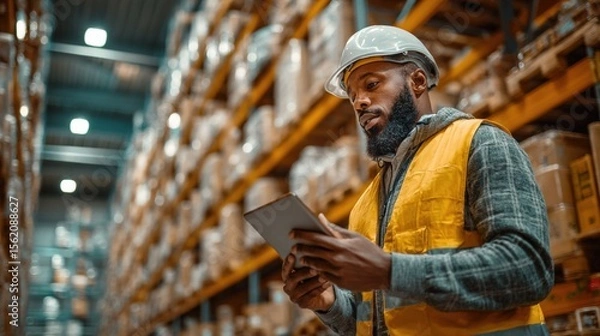 Fototapeta Warehouse worker using a tablet to manage inventory in a busy storage facility