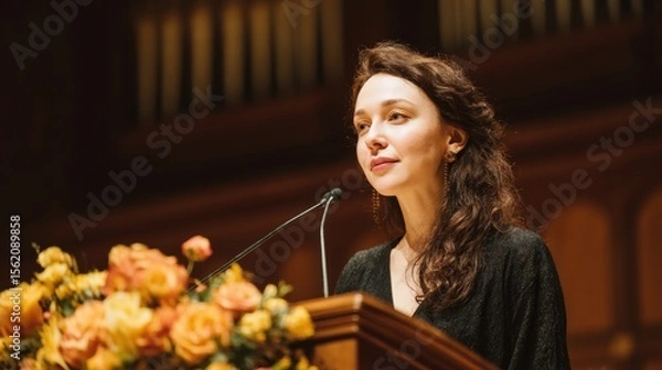 Fototapeta Woman delivering a speech at a formal event, surrounded by vibrant floral arrangements